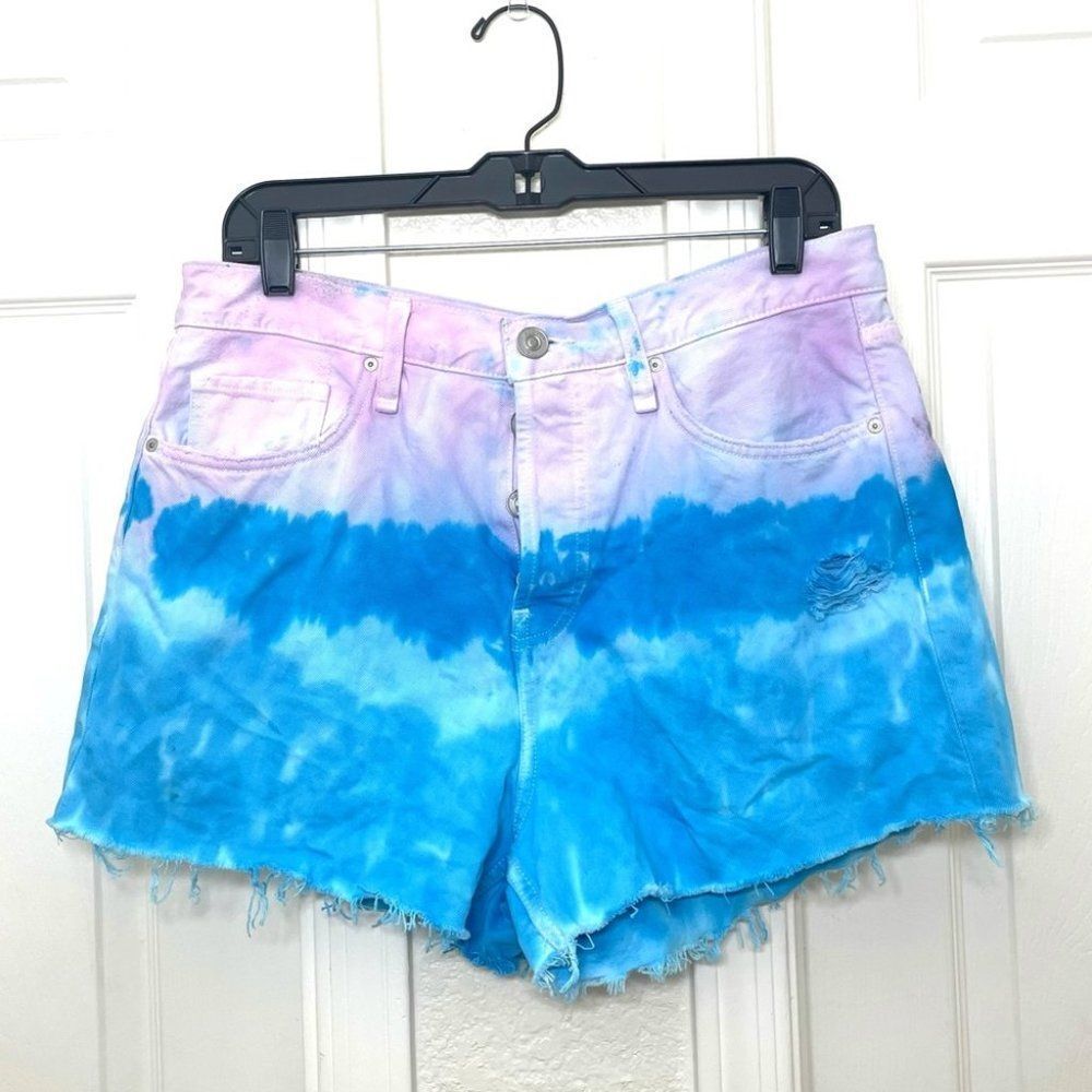 Hudson Lori High Rise Shorts Blue and Purple Tie Dye Denim Cutoffs Size 30 New